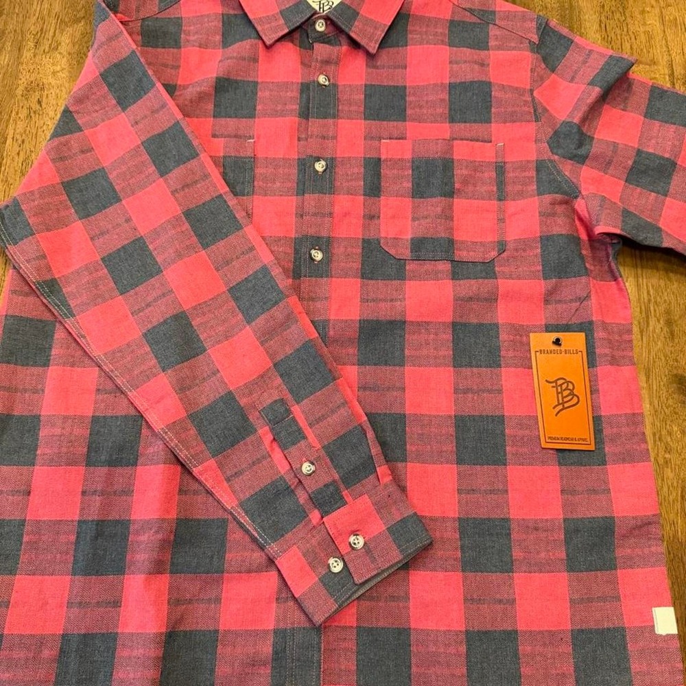 Branded Bills Men's L Red Black Plaid Flannel Long Sleeve Button-Up Shirt
